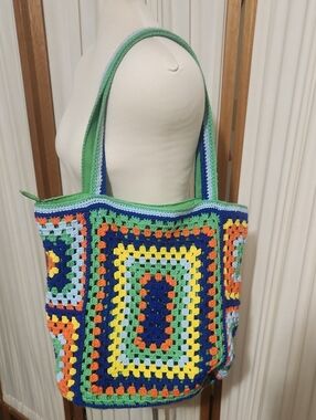 Handmade Crochet Granny Square Tote Bag Lined Structured Zippered